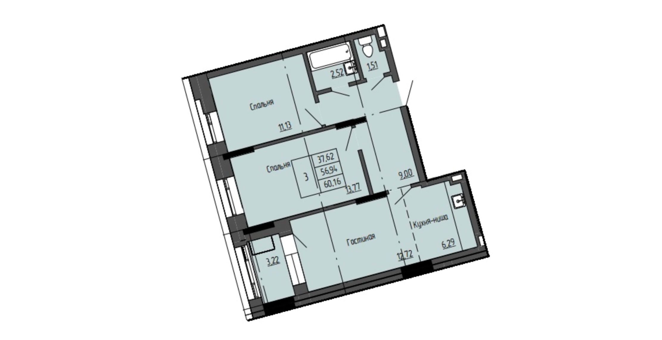 3 комн., 60.16 м²