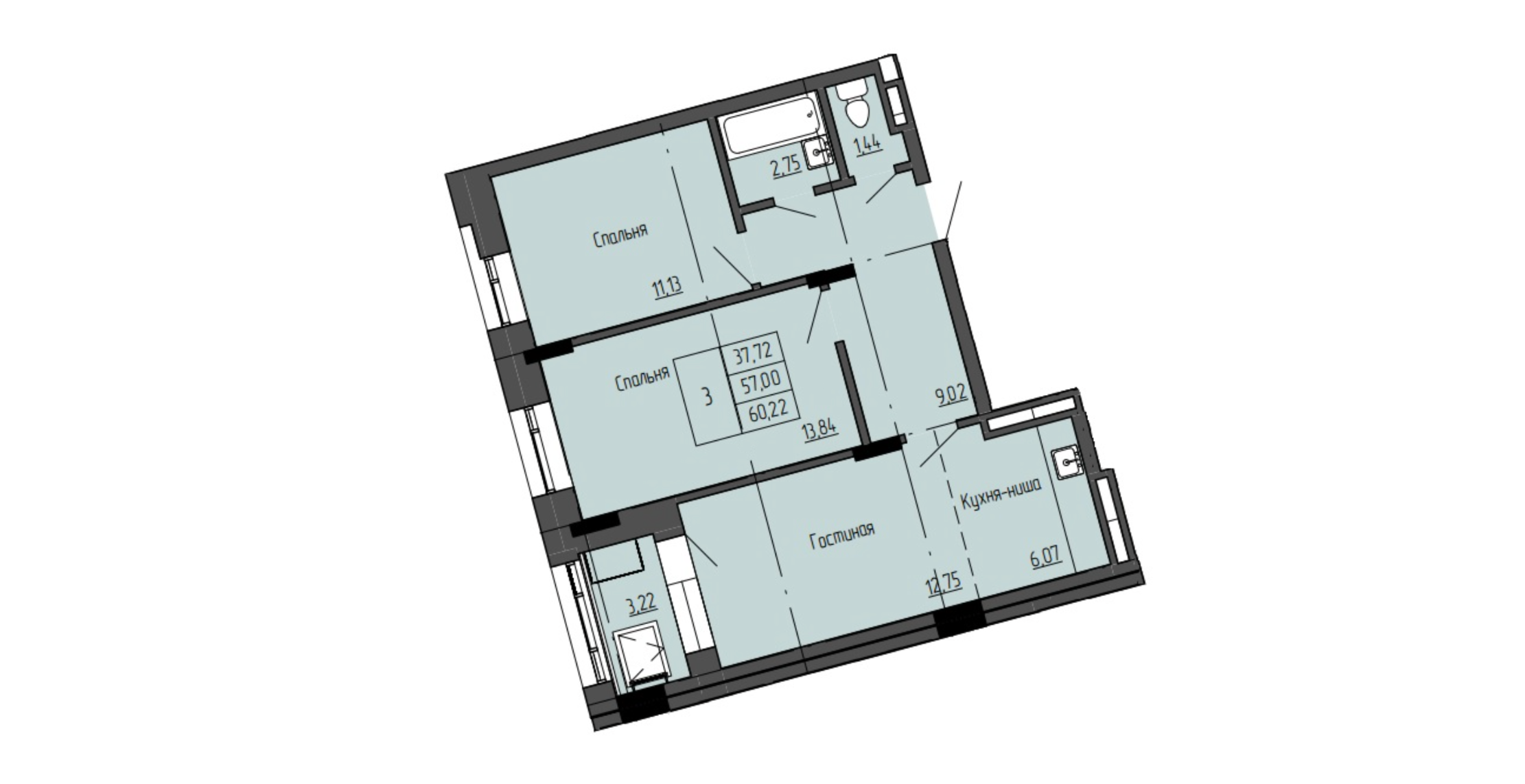 3 комн., 60.22 м²