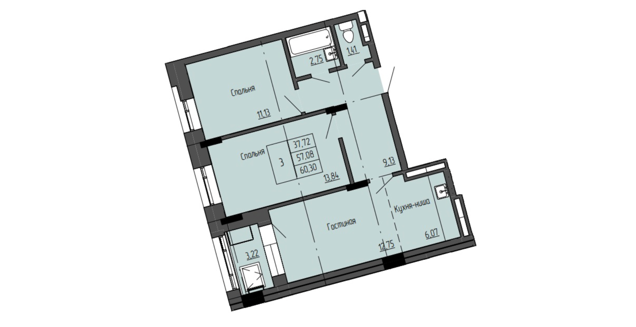 3 комн., 60.38 м²