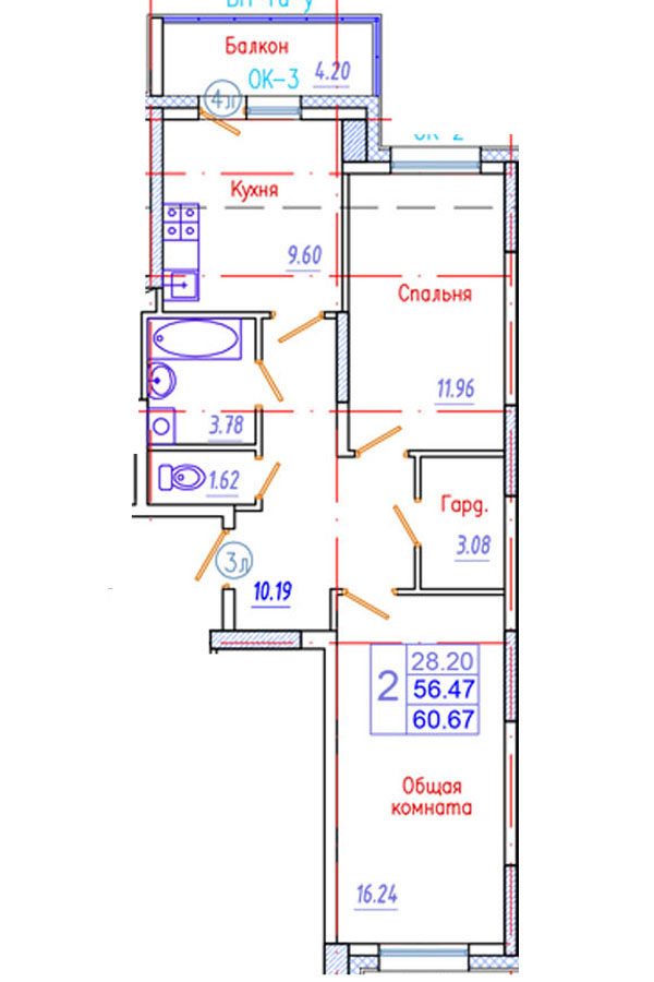 2 комн., 60.67 м²