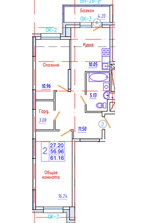 2 комн., 61.16 м²