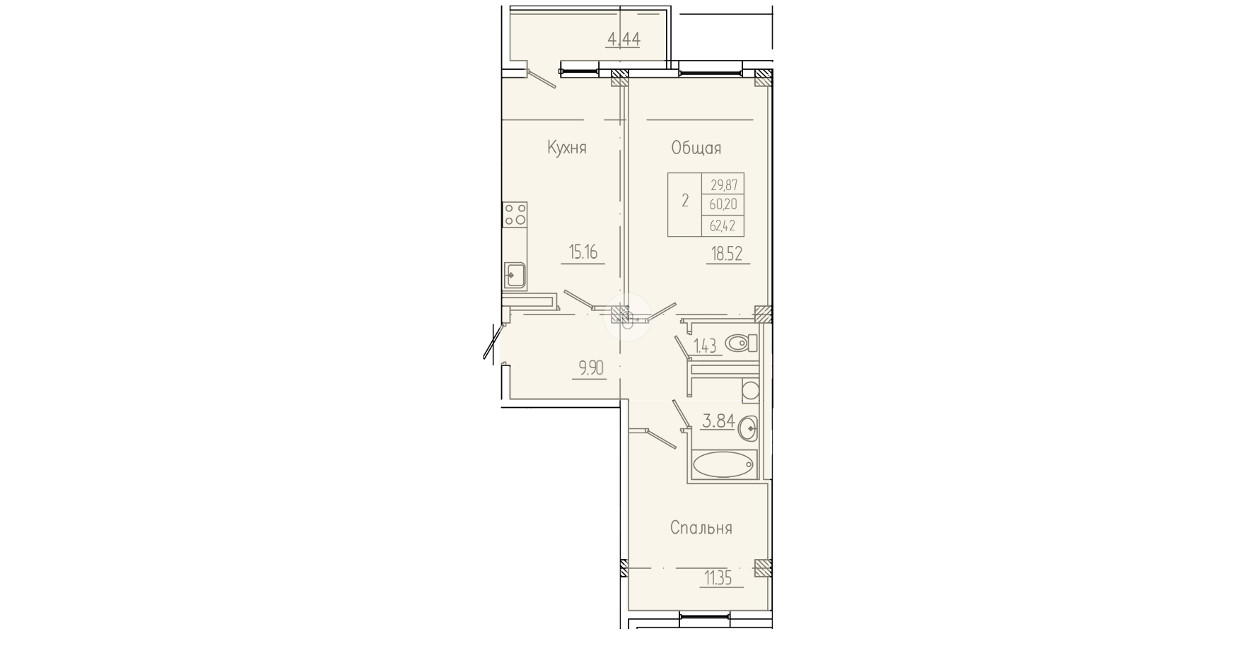2 комн., 62.42 м²