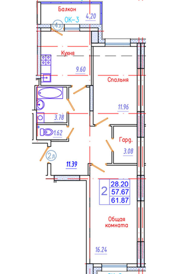 2 комн., 61.87 м²