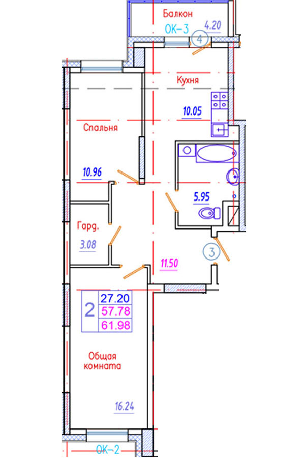 2 комн., 61.98 м²