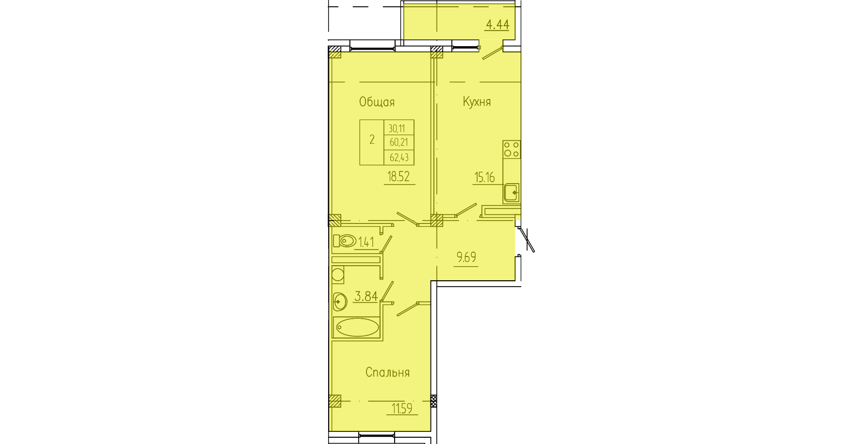 2 комн., 62.43 м²