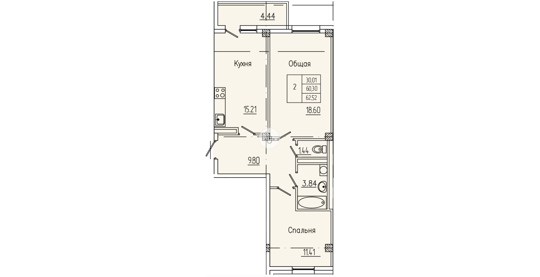 2 комн., 62.52 м²