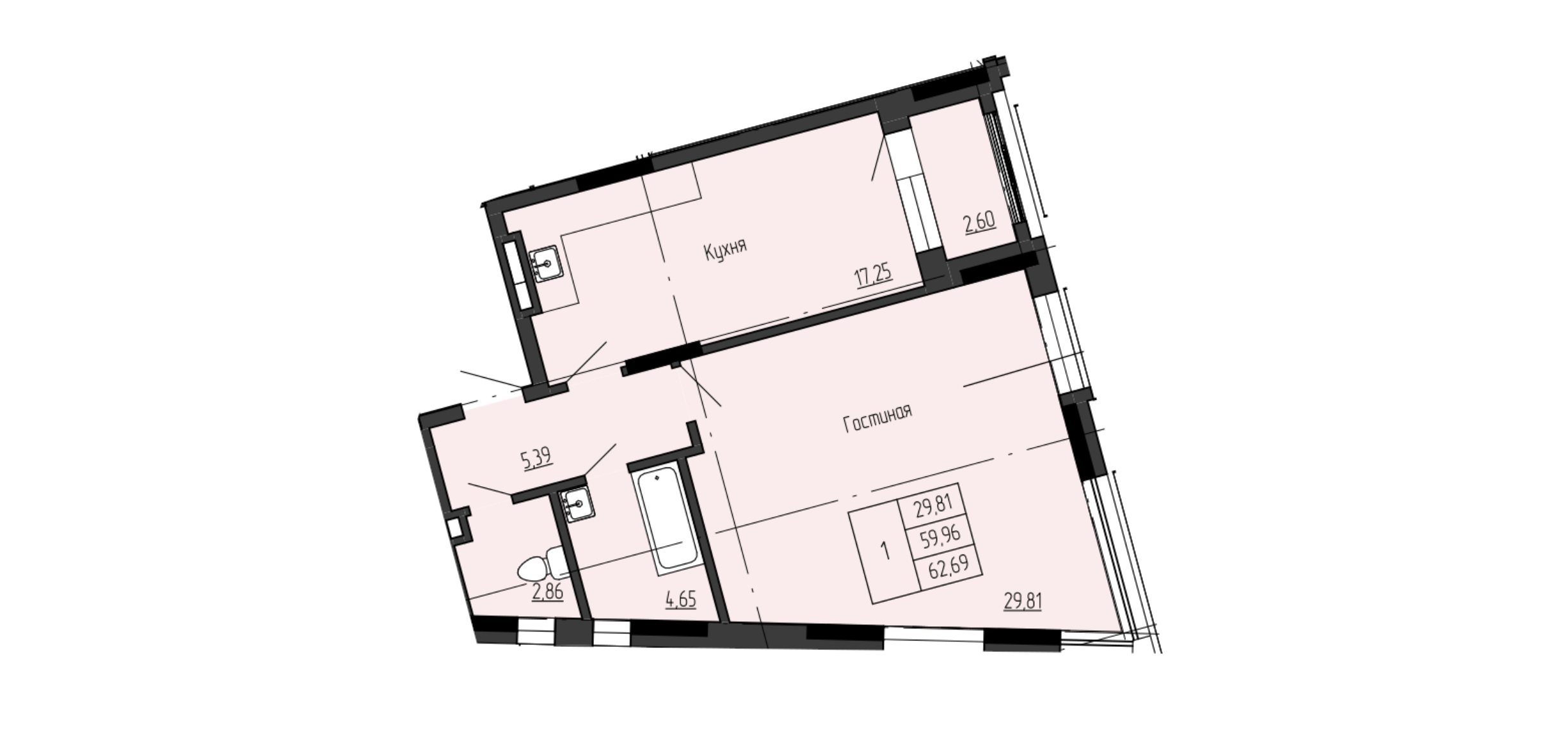 1 комн., 62.69 м²
