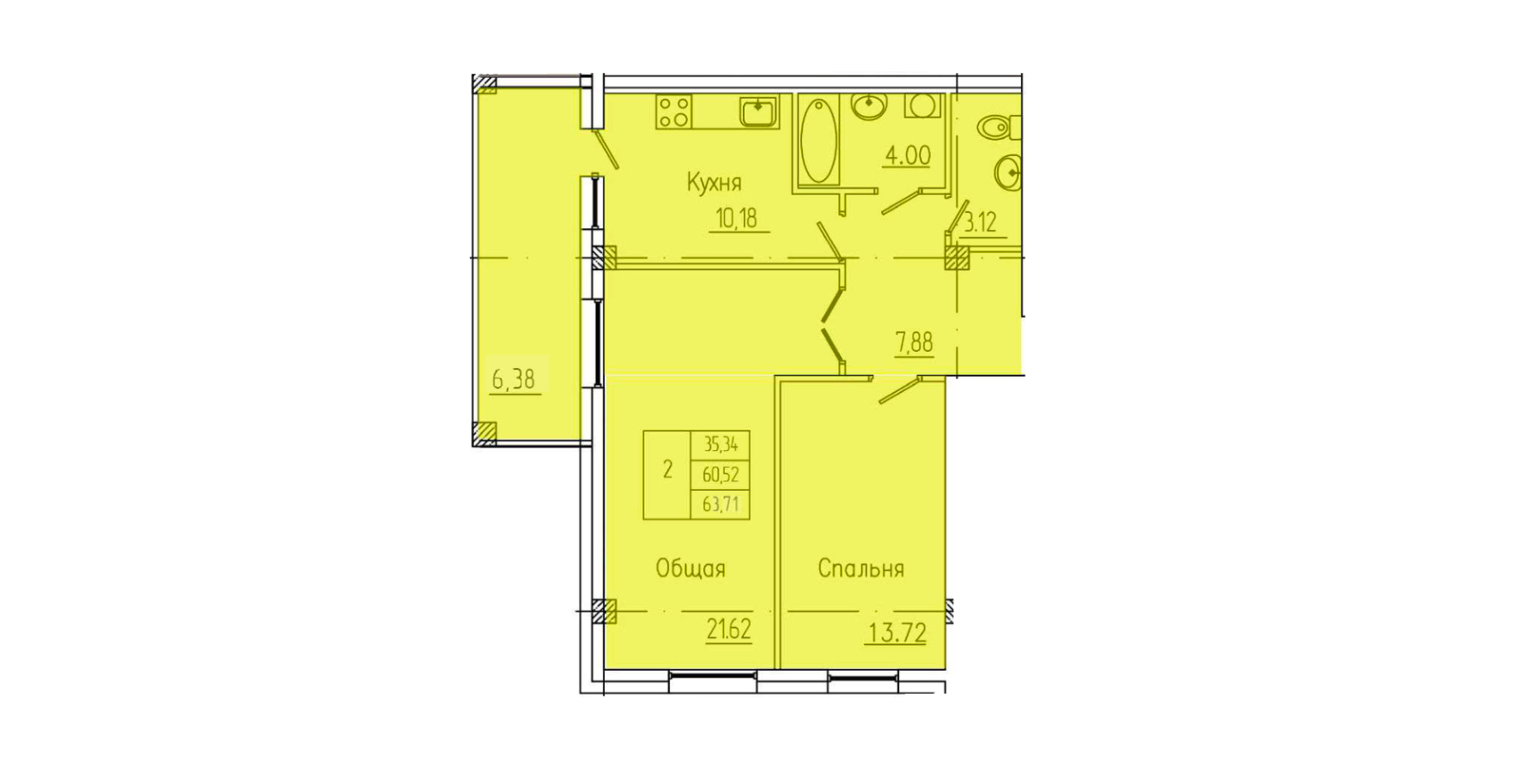 2 комн., 63.71 м²
