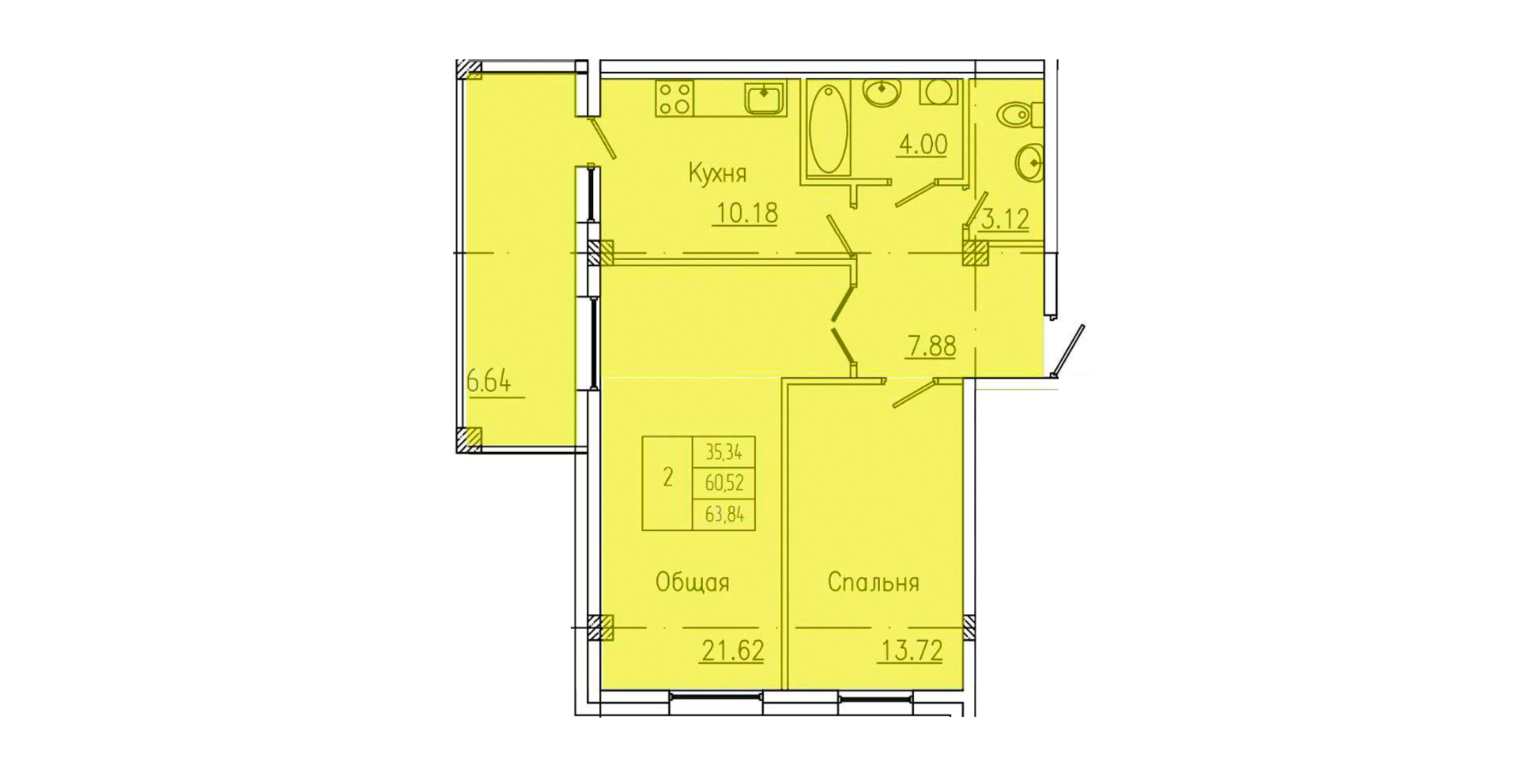 2 комн., 63.84 м²