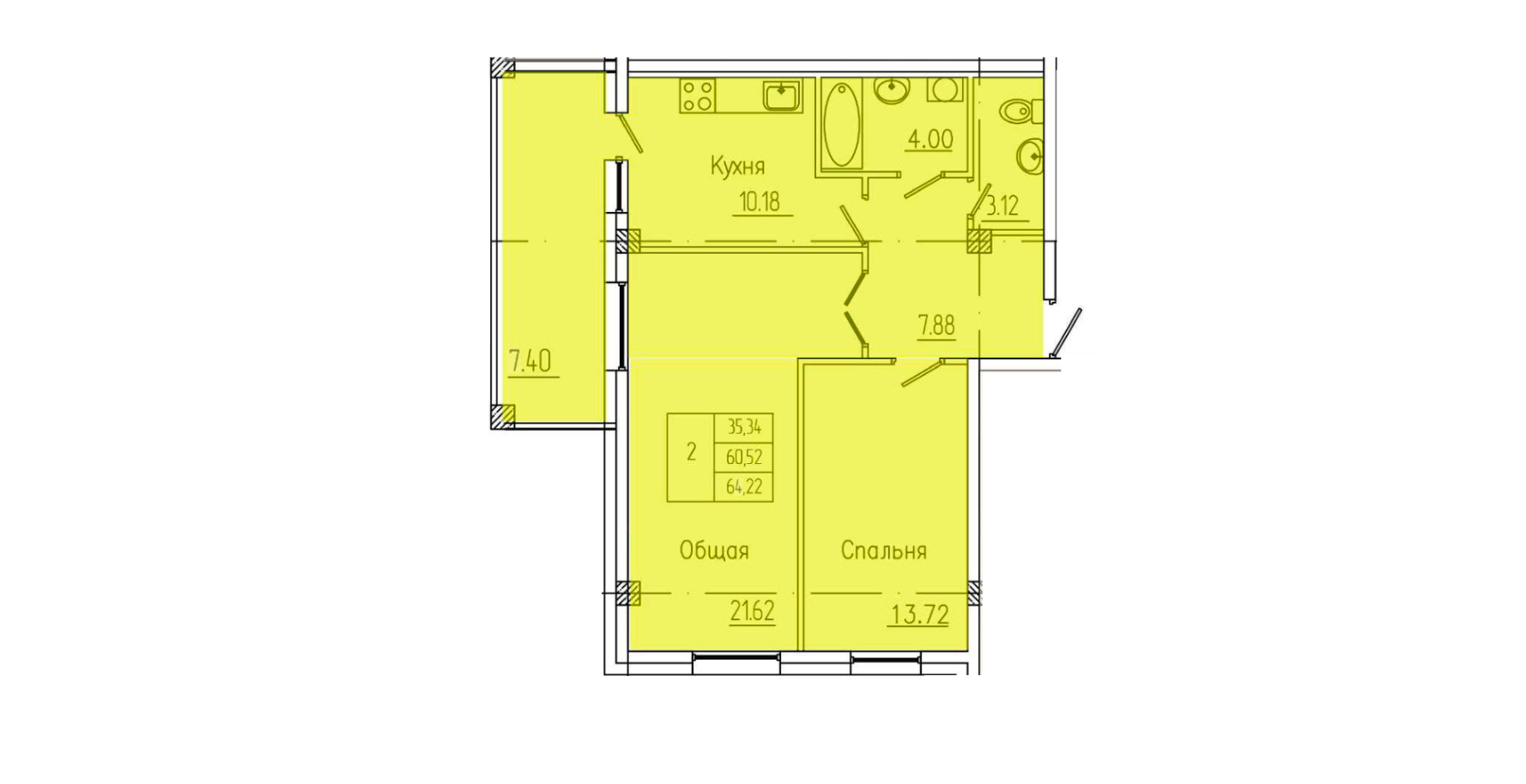 2 комн., 64.22 м²