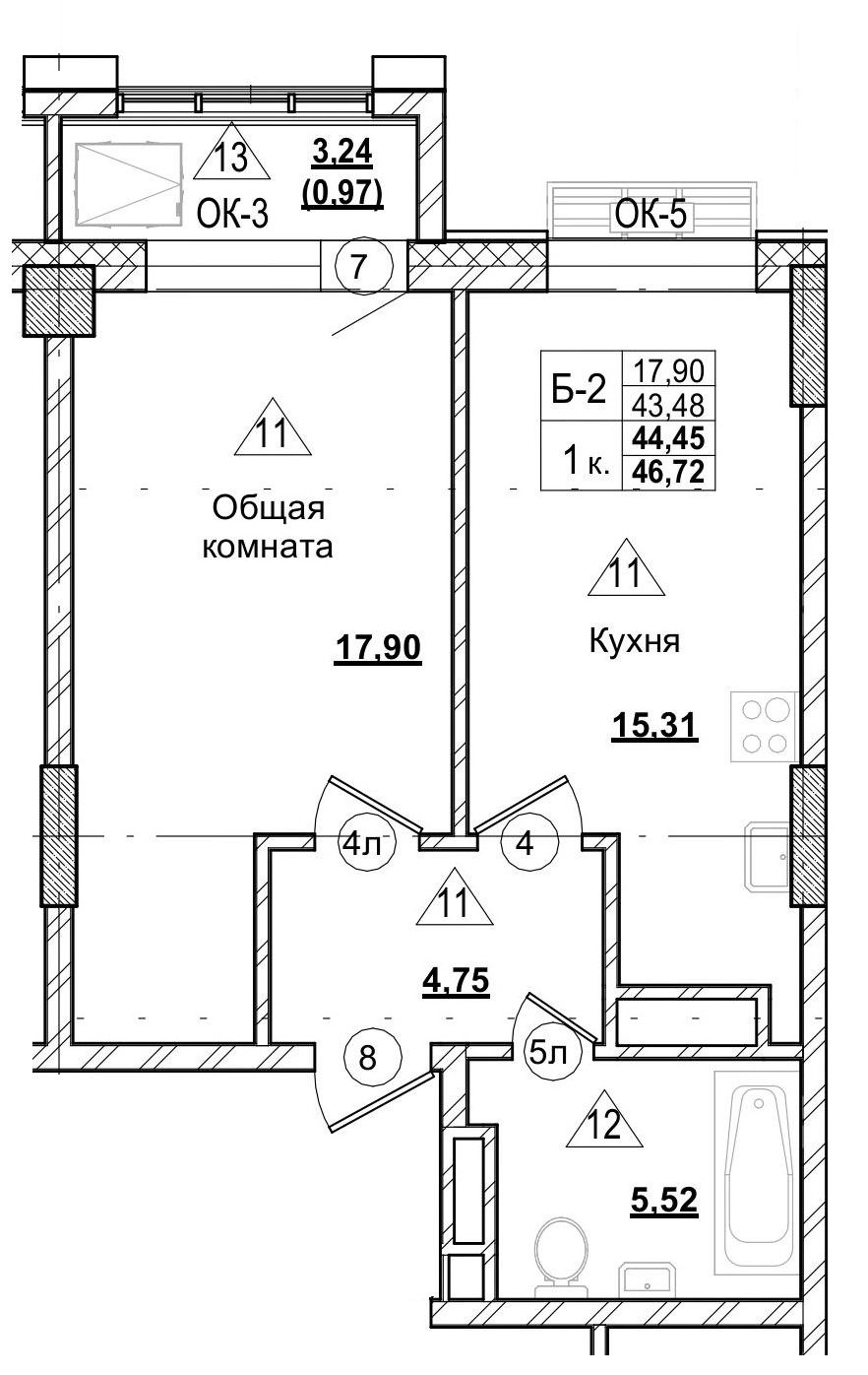 1 комн., 44.46 м²