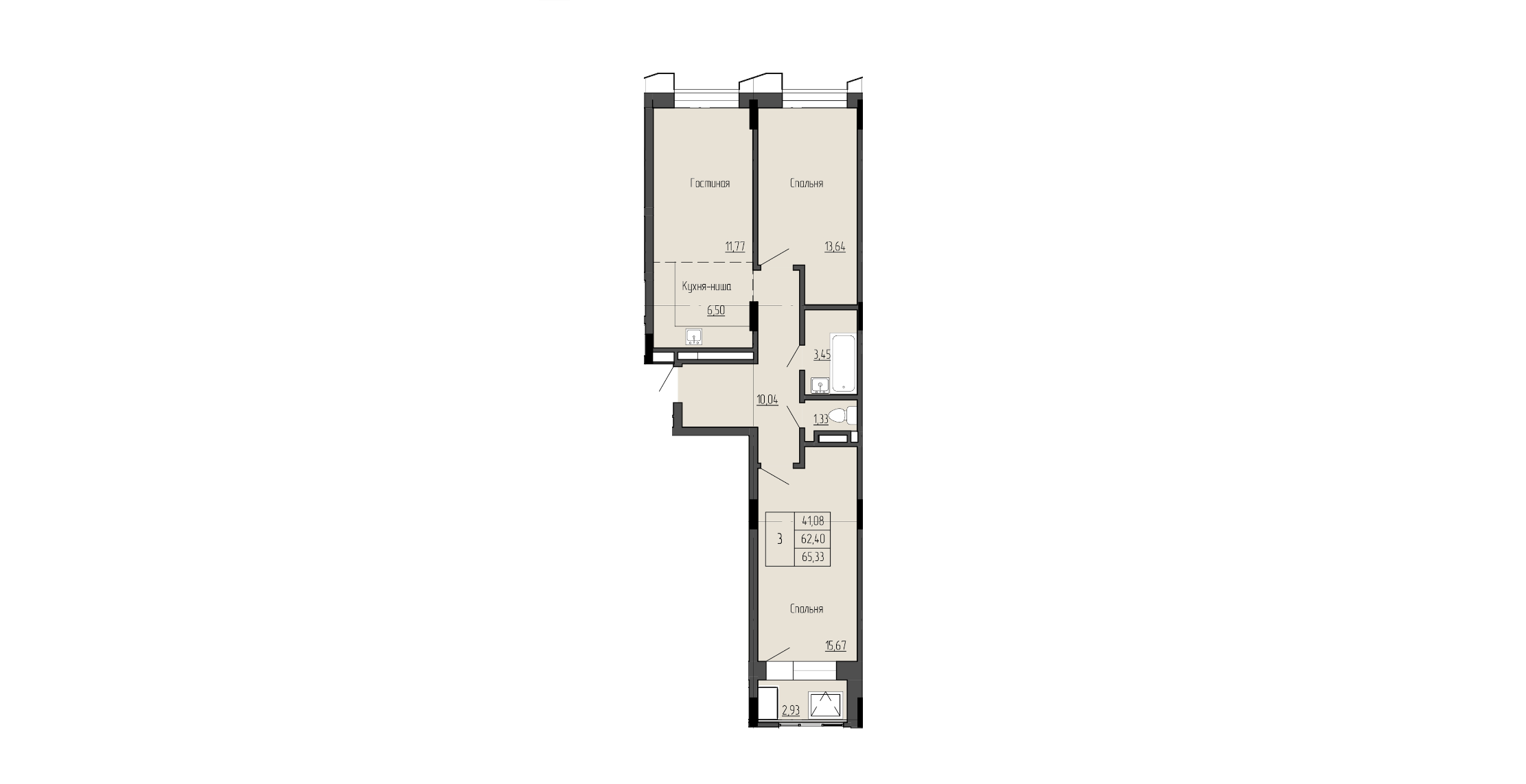 3 комн., 65.33 м²