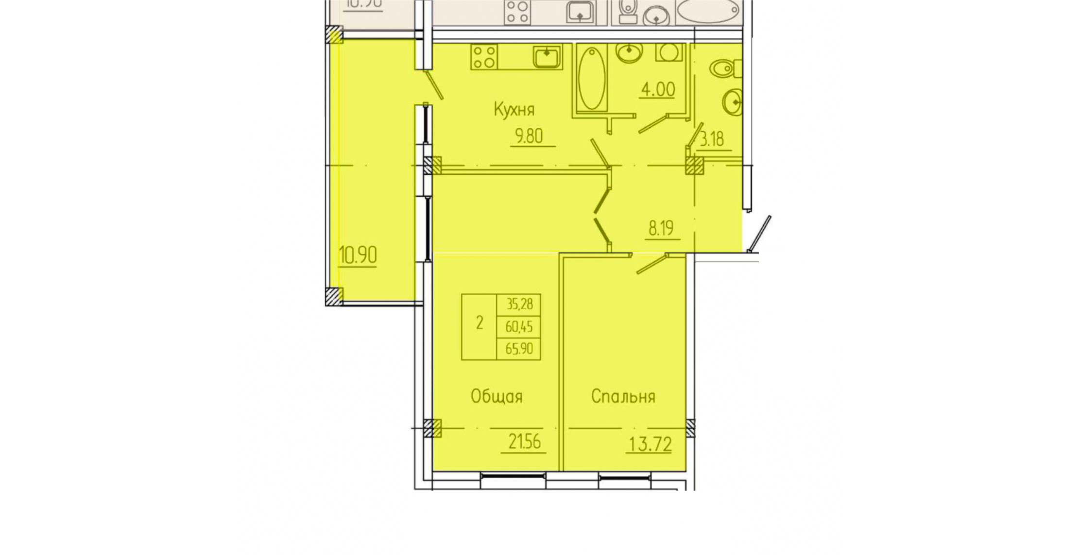 2 комн., 65.90 м²