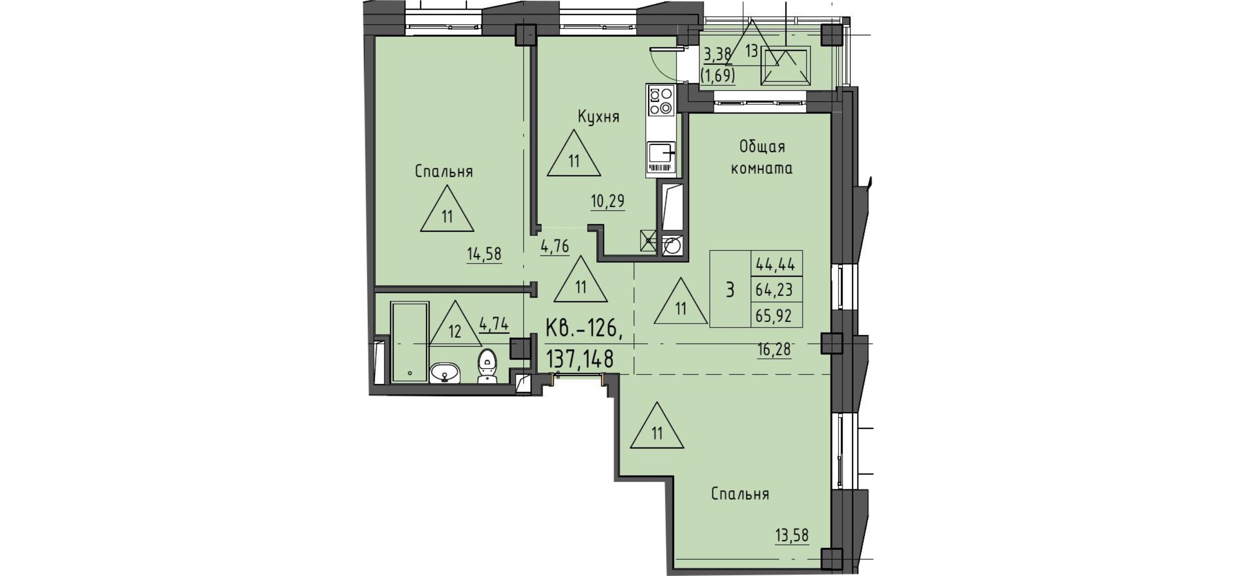3 комн., 65.92 м²