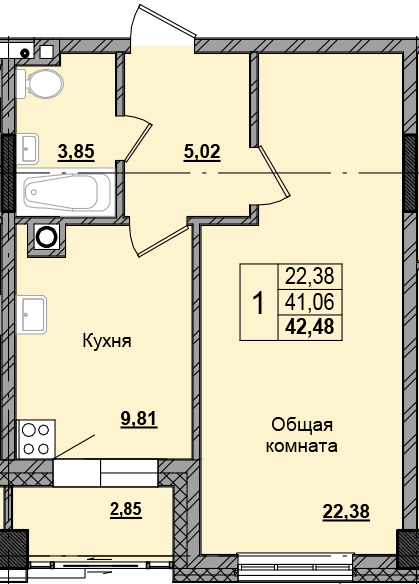 1 комн., 42.43 м²