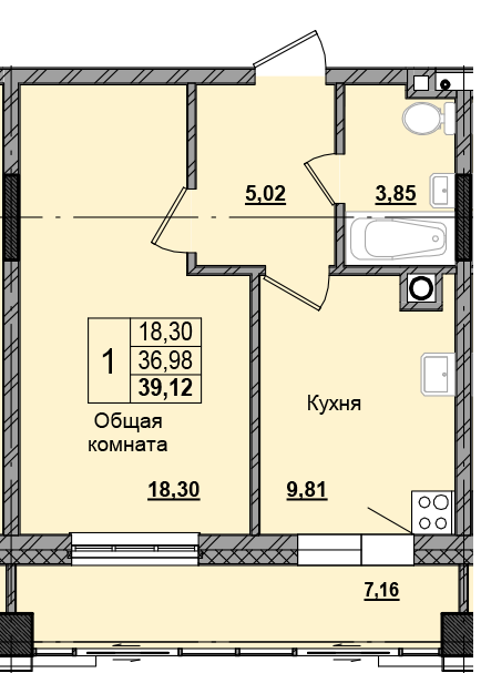 1 комн., 39.08 м²