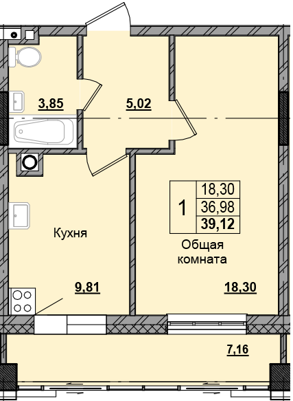 1 комн., 39.08 м²