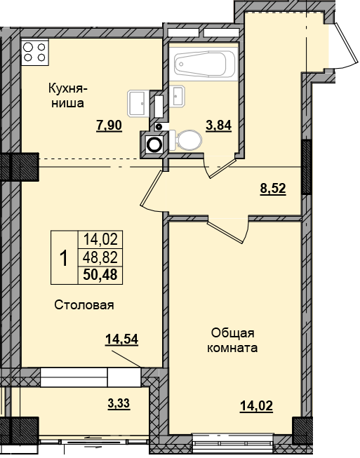 1 комн., 50.68 м²