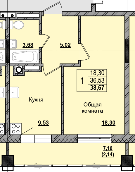1 комн., 38.74 м²