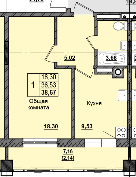 1 комн., 38.59 м²