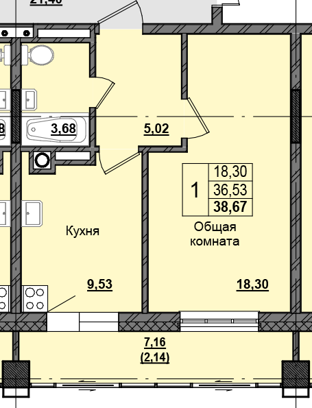 1 комн., 38.58 м²