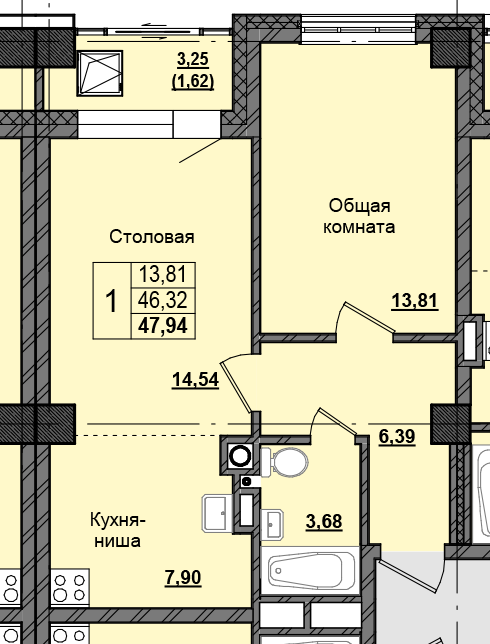1 комн., 47.57 м²