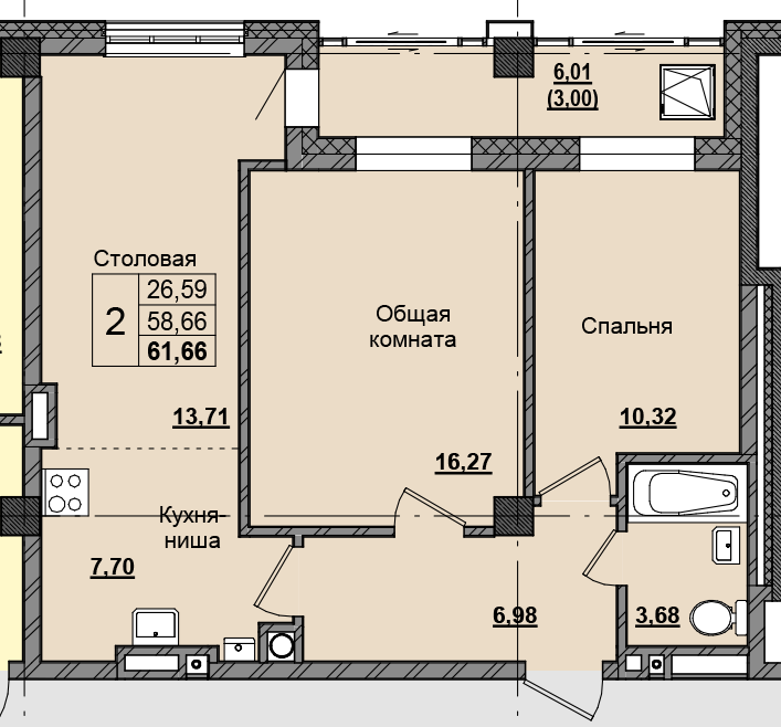 2 комн., 61.50 м²