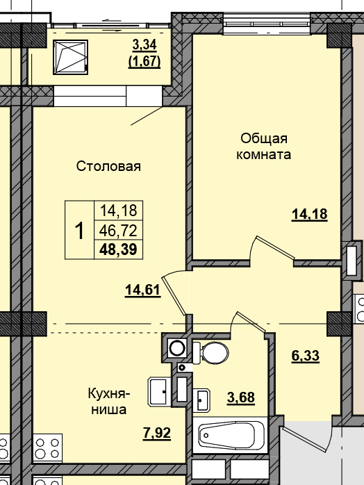 1 комн., 47.94 м²