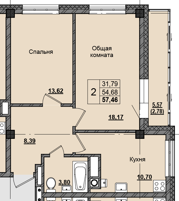 2 комн., 57.41 м²