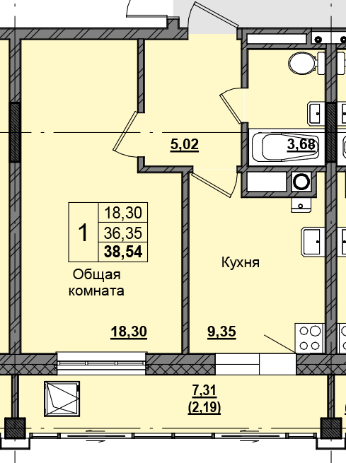 1 комн., 38.46 м²