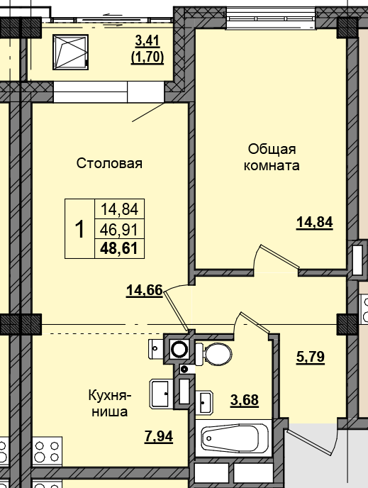 1 комн., 48.09 м²