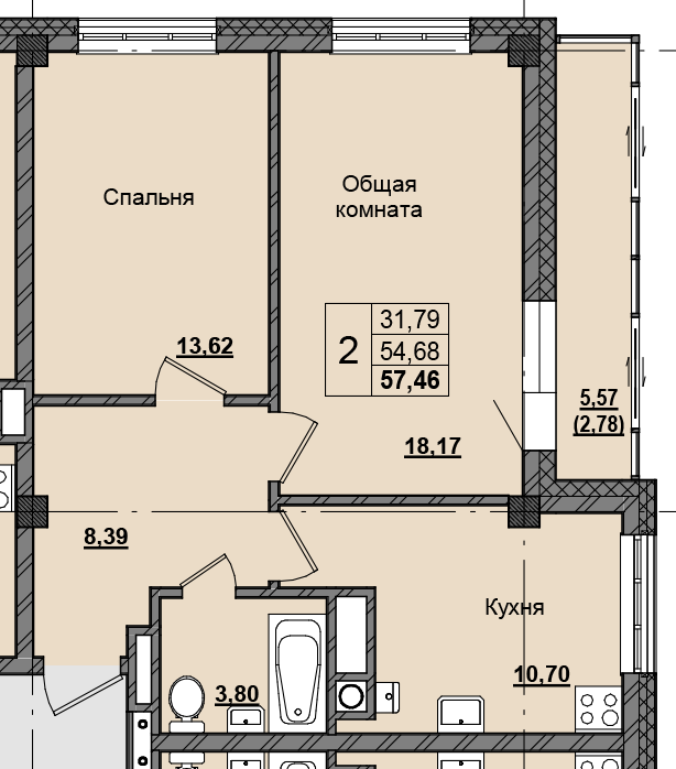 2 комн., 57.31 м²