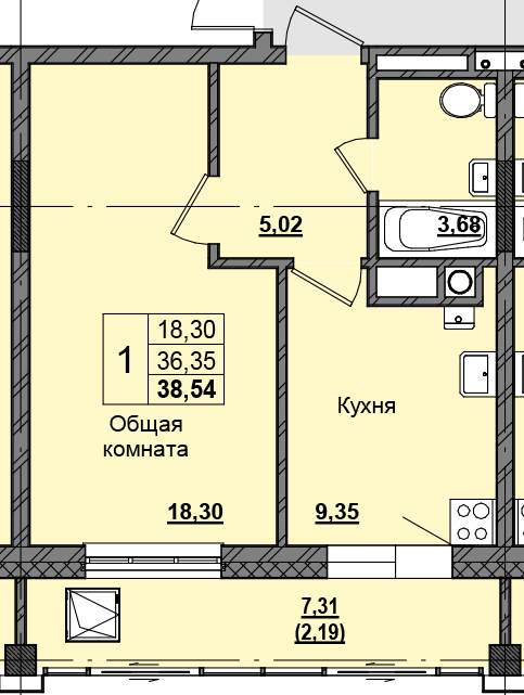 1 комн., 38.46 м²