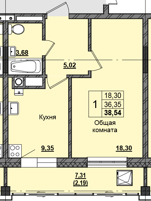 1 комн., 38.46 м²