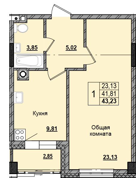 1 комн., 42.67 м²