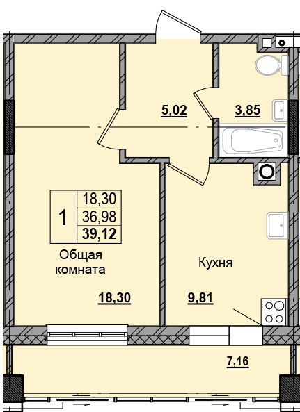 1 комн., 39.13 м²