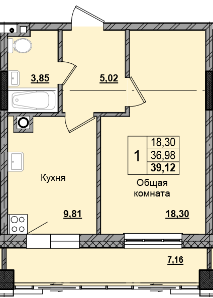1 комн., 39.07 м²