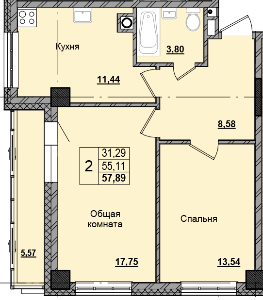2 комн., 57.89 м²