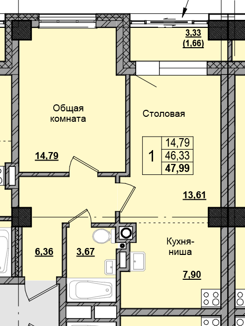 1 комн., 48.49 м²