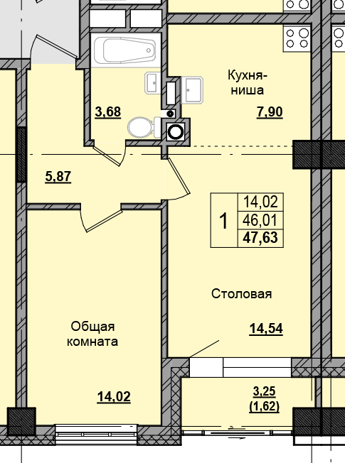 1 комн., 47.69 м²