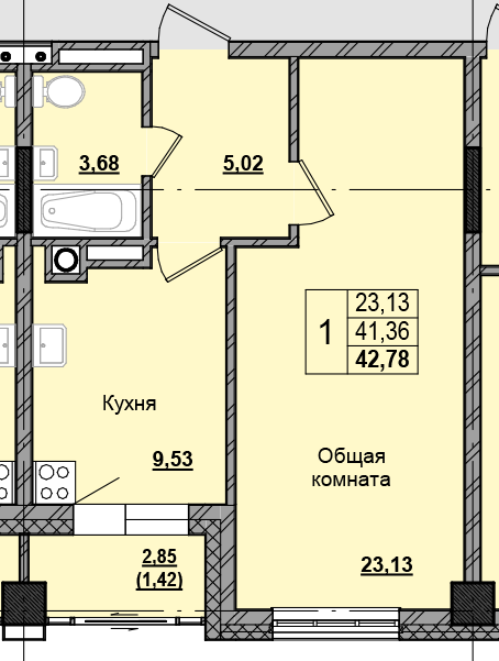 1 комн., 42.82 м²