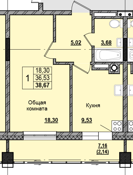 1 комн., 38.72 м²