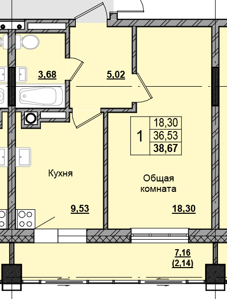 1 комн., 38.73 м²