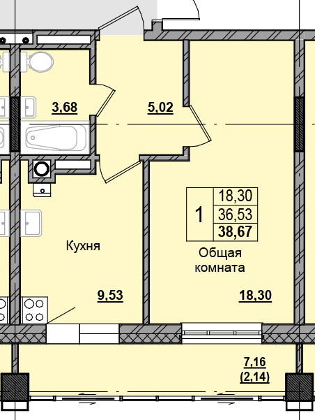 1 комн., 38.58 м²