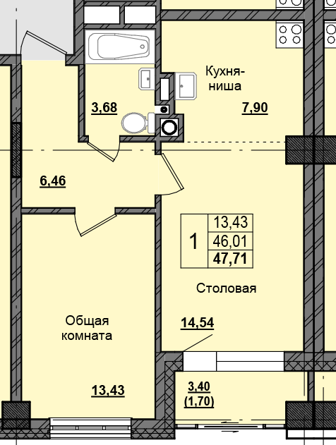 1 комн., 47.31 м²