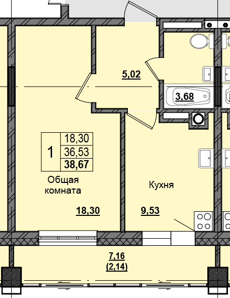 1 комн., 38.47 м²