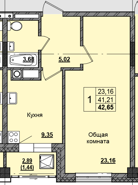 1 комн., 42.57 м²