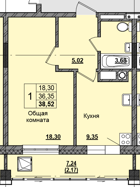 1 комн., 38.44 м²