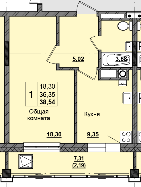 1 комн., 38.46 м²