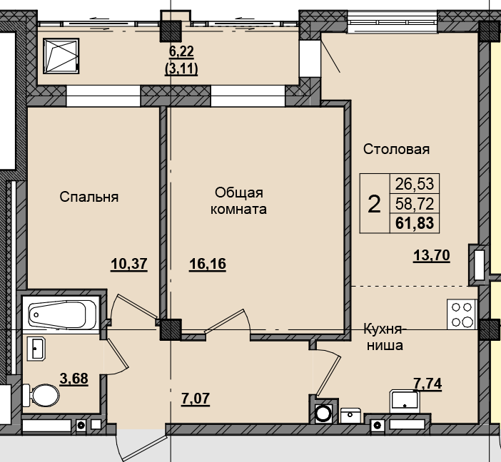 2 комн., 61.29 м²